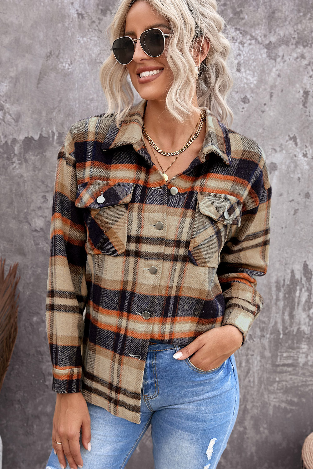 Brown Plaid Button Up Long Sleeve Flannel Shacket