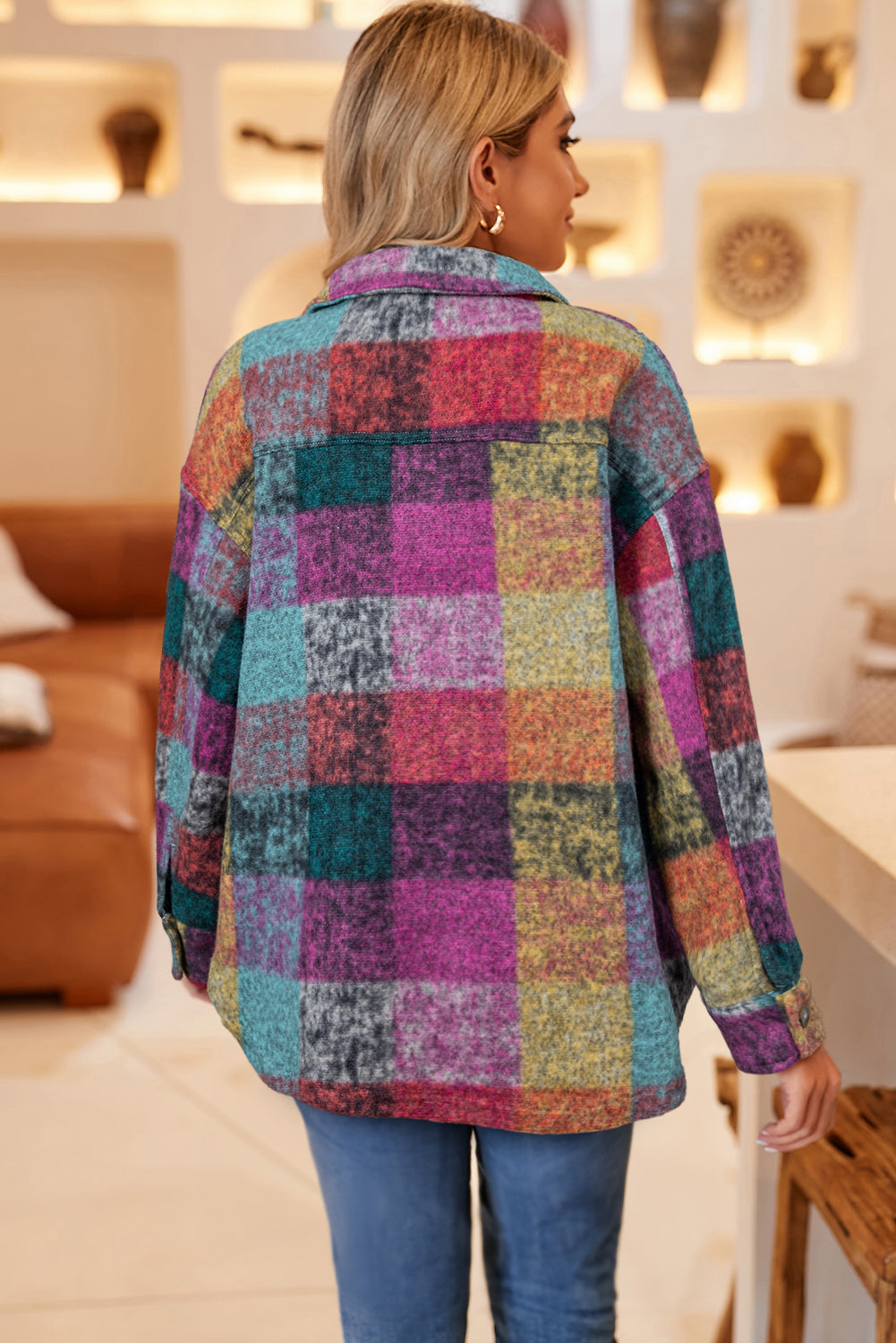 Multicolor Brushed Plaid Pocketed Oversize Shacket