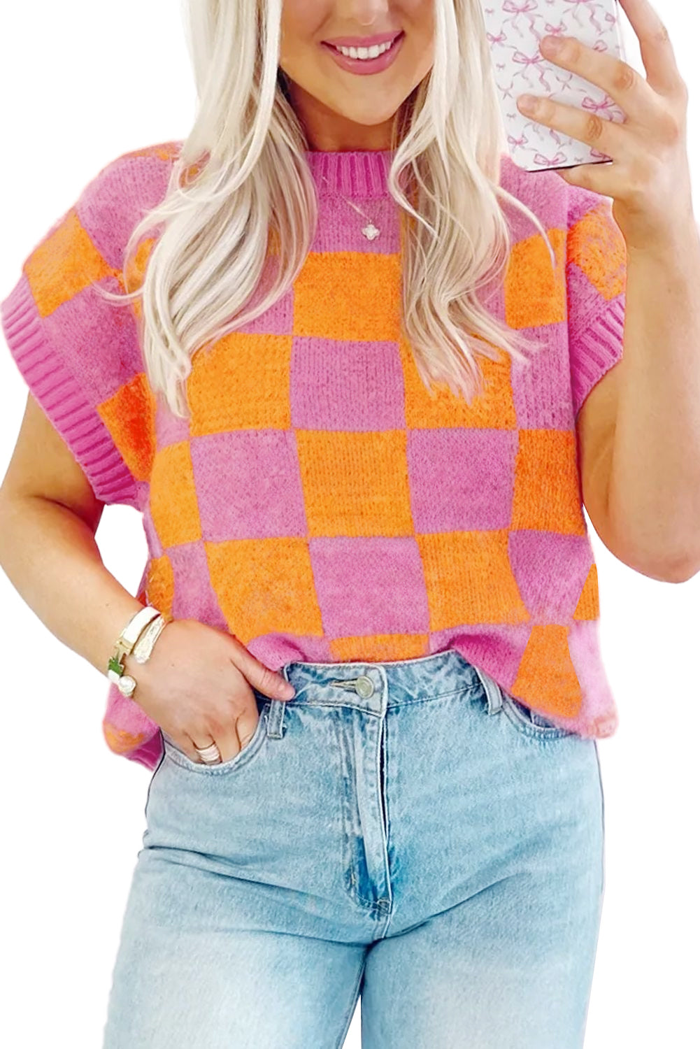 Strawberry Pink Colorblock Plaid Knit Dolman Tee