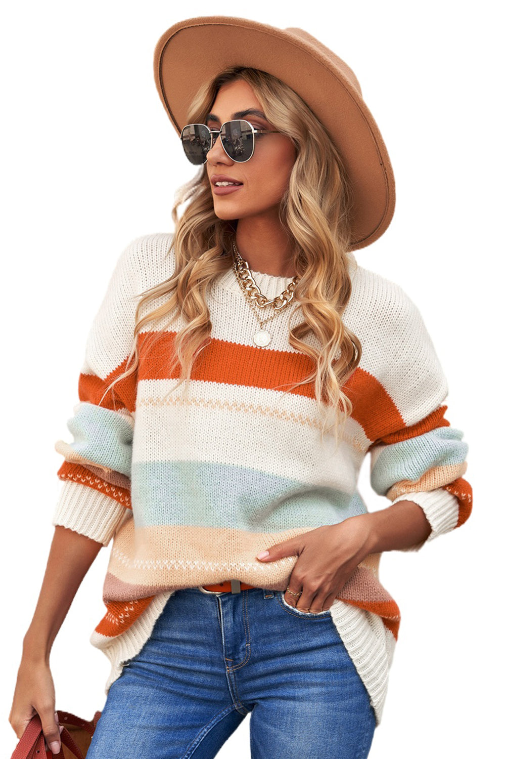 White Striped Color Block Drop Shoulder Knit Sweater