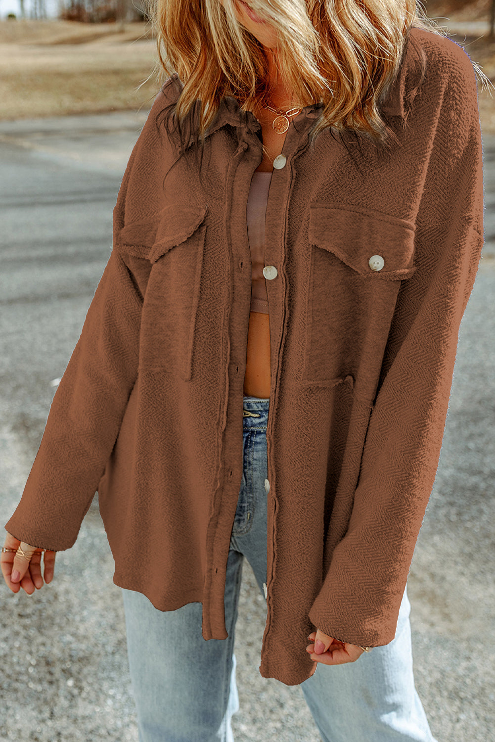 Grey Solid Color Textured Button Up Shirt Shacket with Pockets