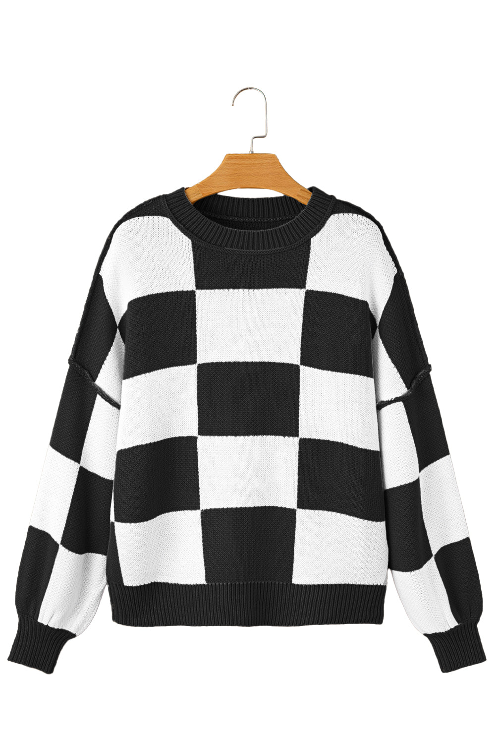 Orange & White Plaid Exposed Seam Bishop Sleeve Sweater