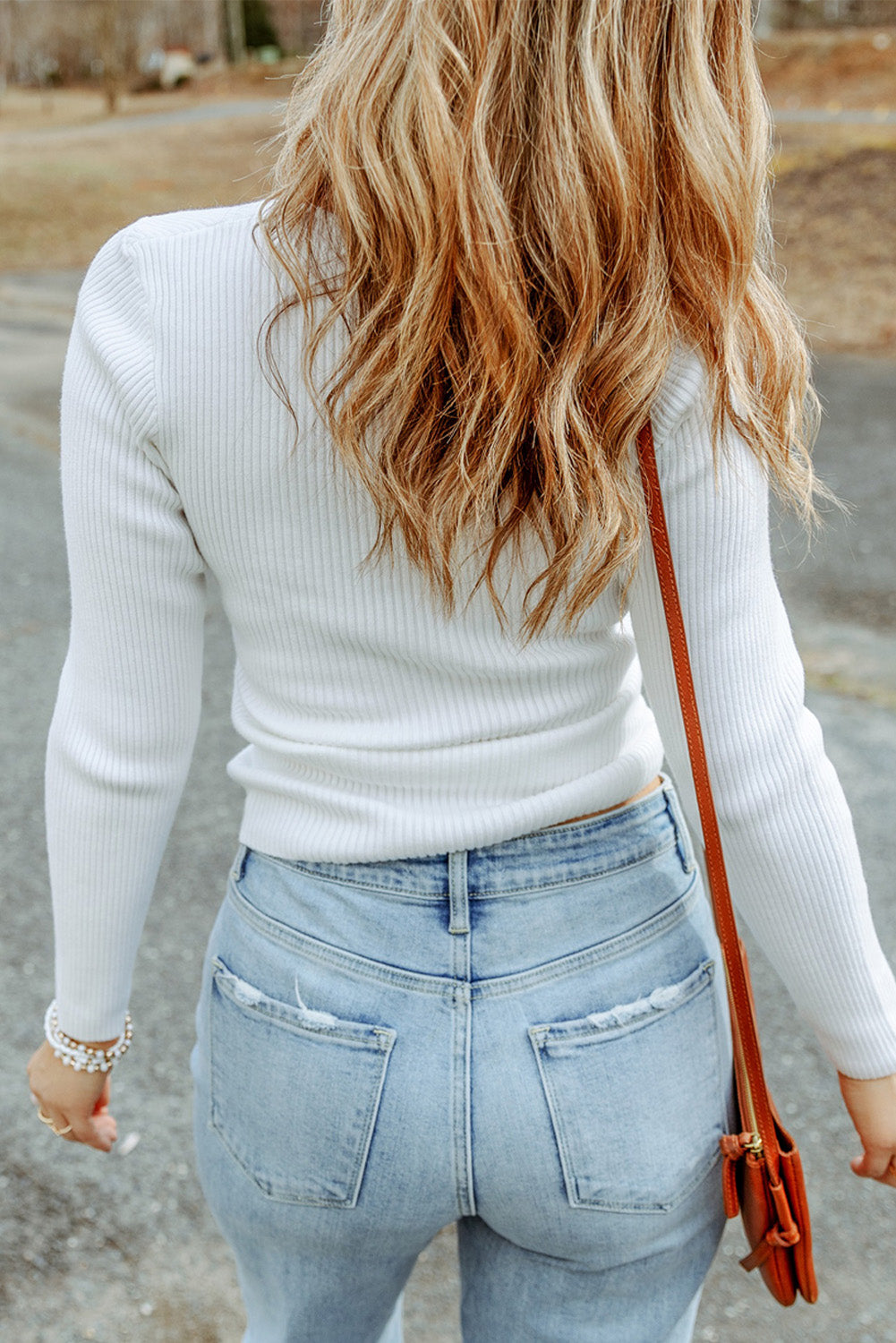 White Basic Cable Crossed V Neck Sweater