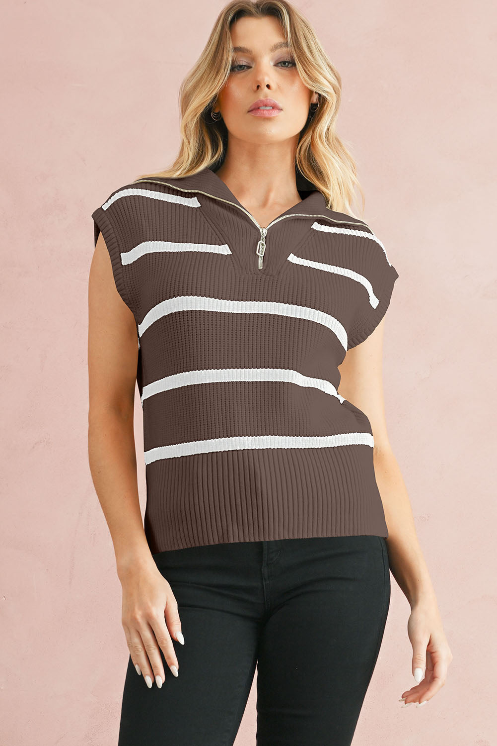 Brown Stripe Zipped Collar Cap Sleeve Knit Top