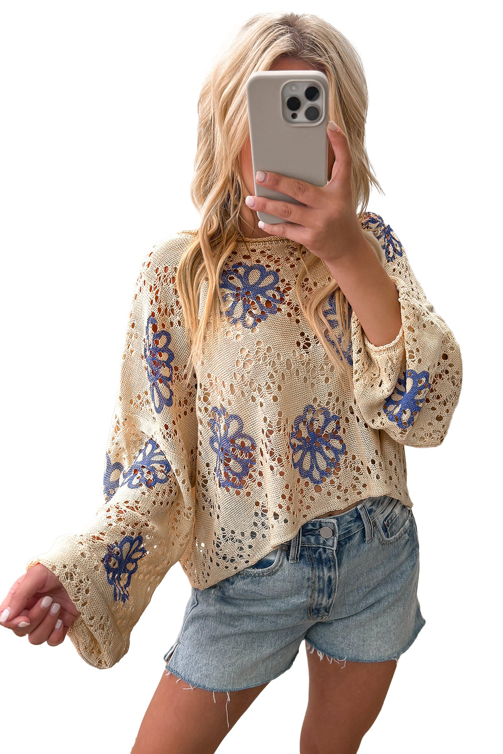 Beige Flower Print Drop Shoulder Hollow Knit Sweater