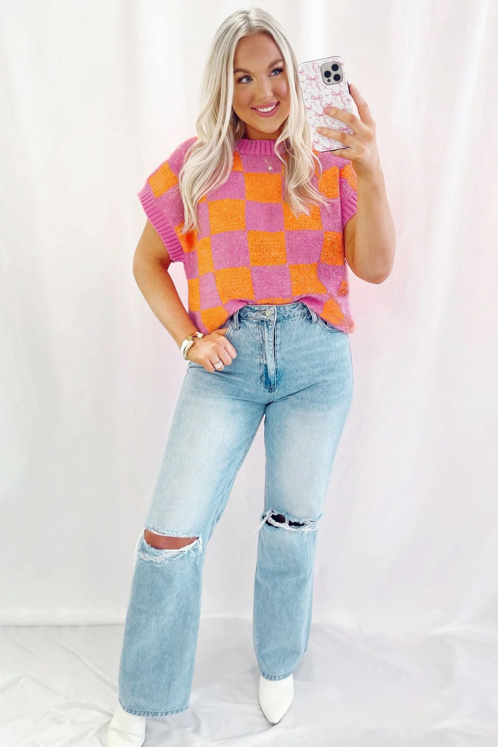 Strawberry Pink Colorblock Plaid Knit Dolman Tee