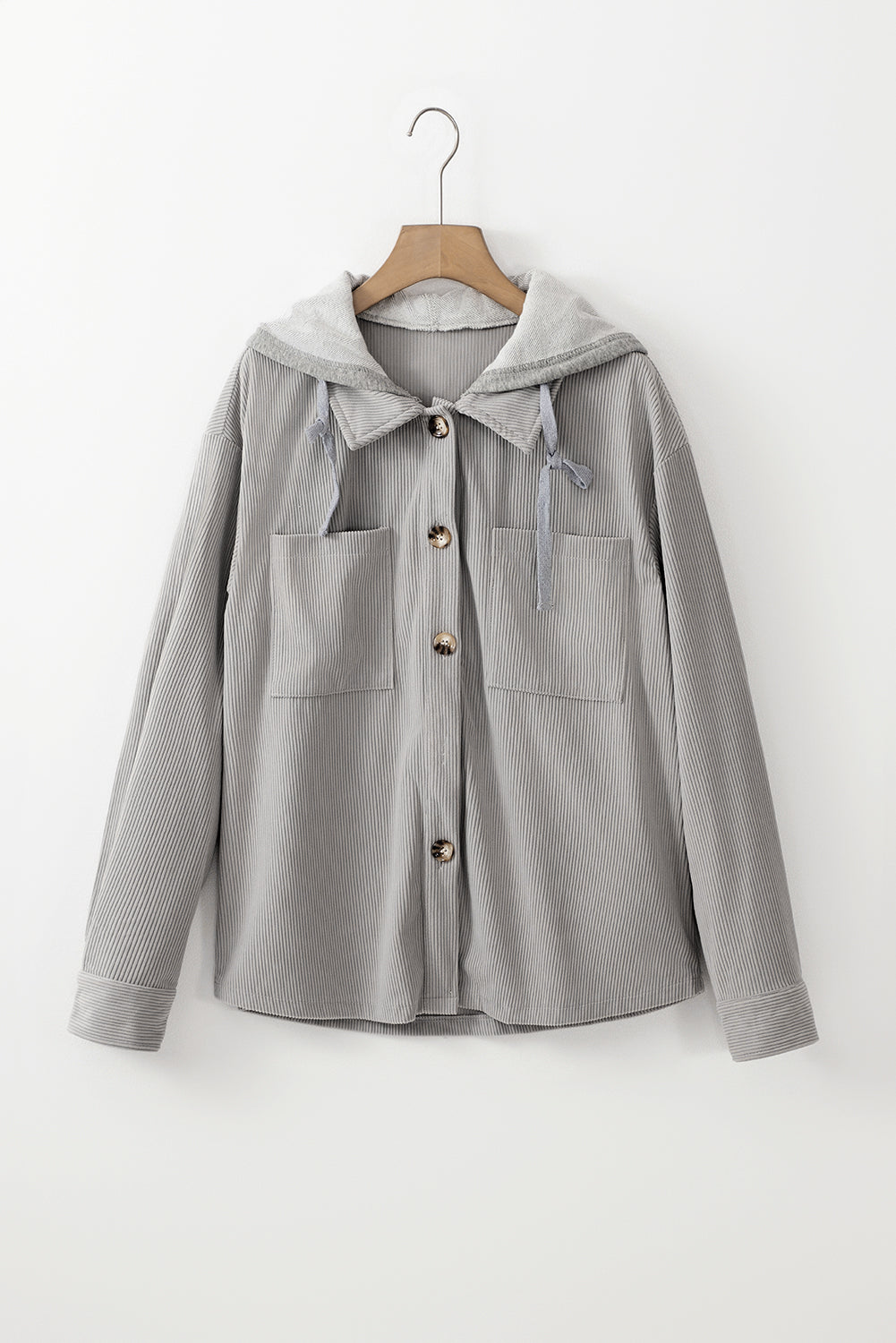 Light Grey Pockets Drawstring Hooded Corduroy Shacket