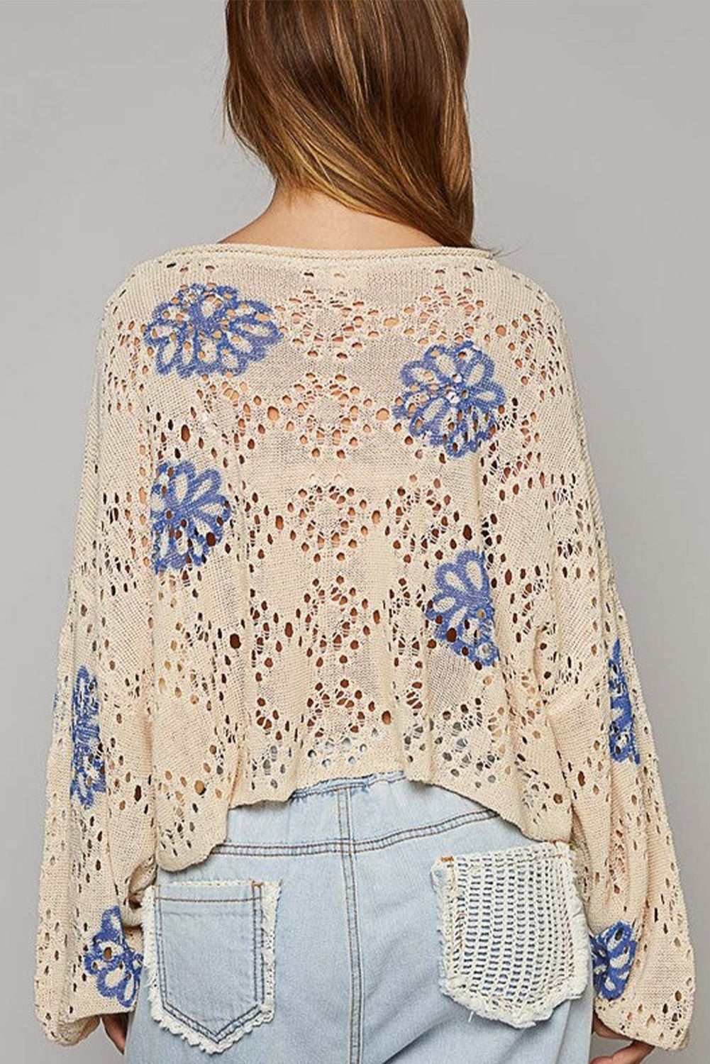 Beige Flower Print Drop Shoulder Hollow Knit Sweater