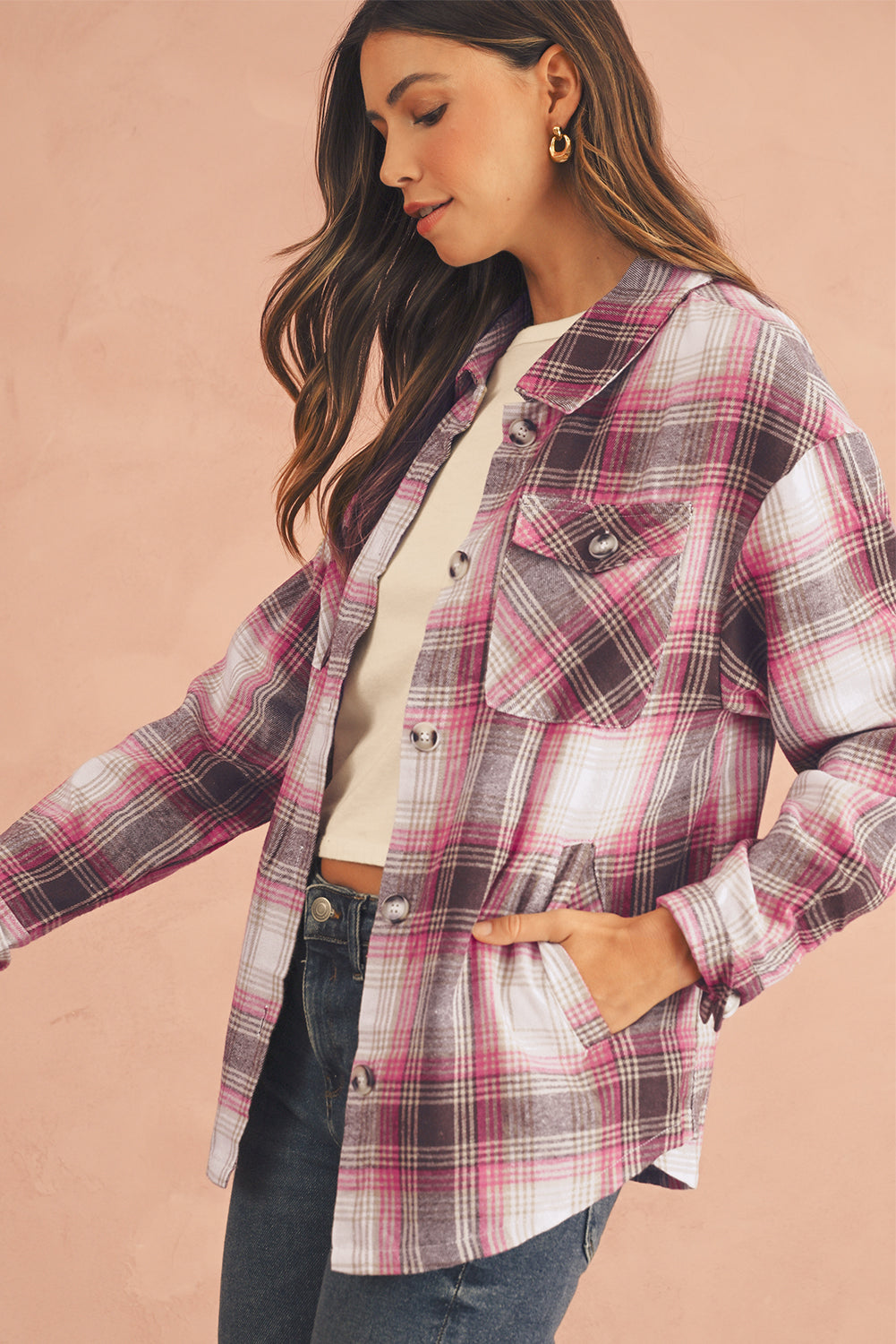 Pink Plaid Flap Pocket Button Up Shacket