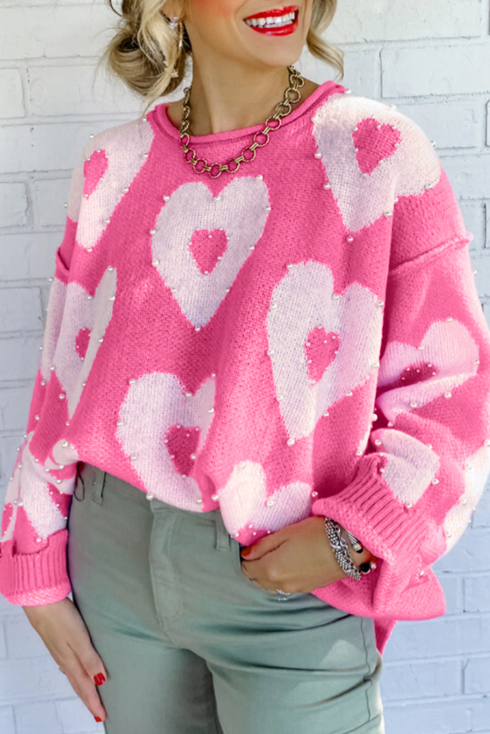 Bonbon Pearl Beaded Heart Drop Shoulder Sweater