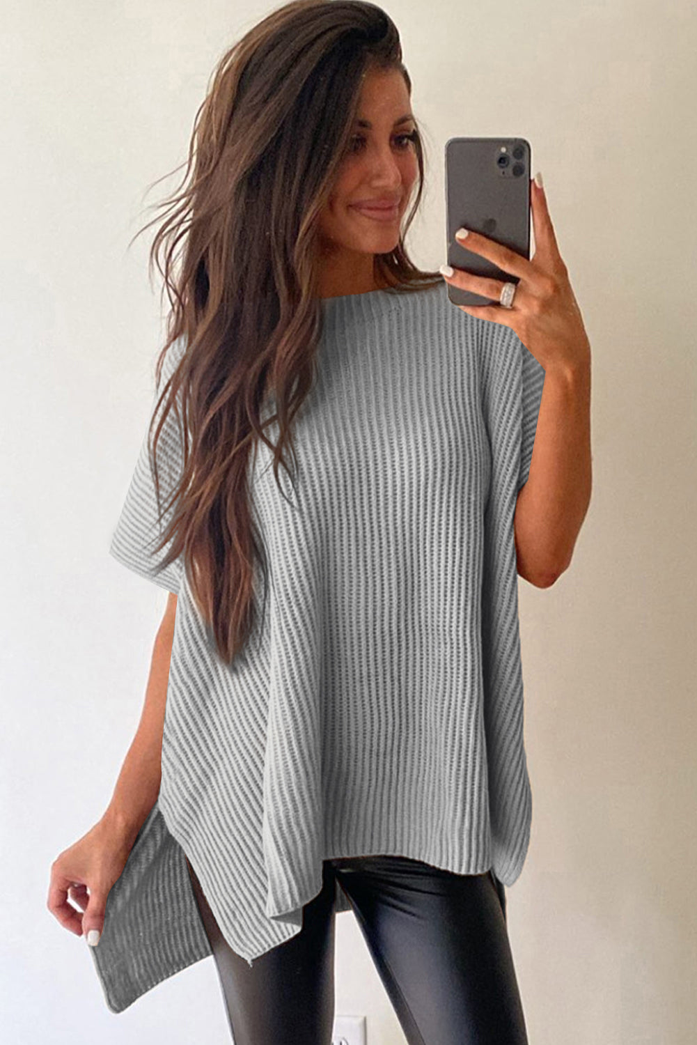 Gray Side Slit Short Dolman Sleeve Knitted Oversized Top