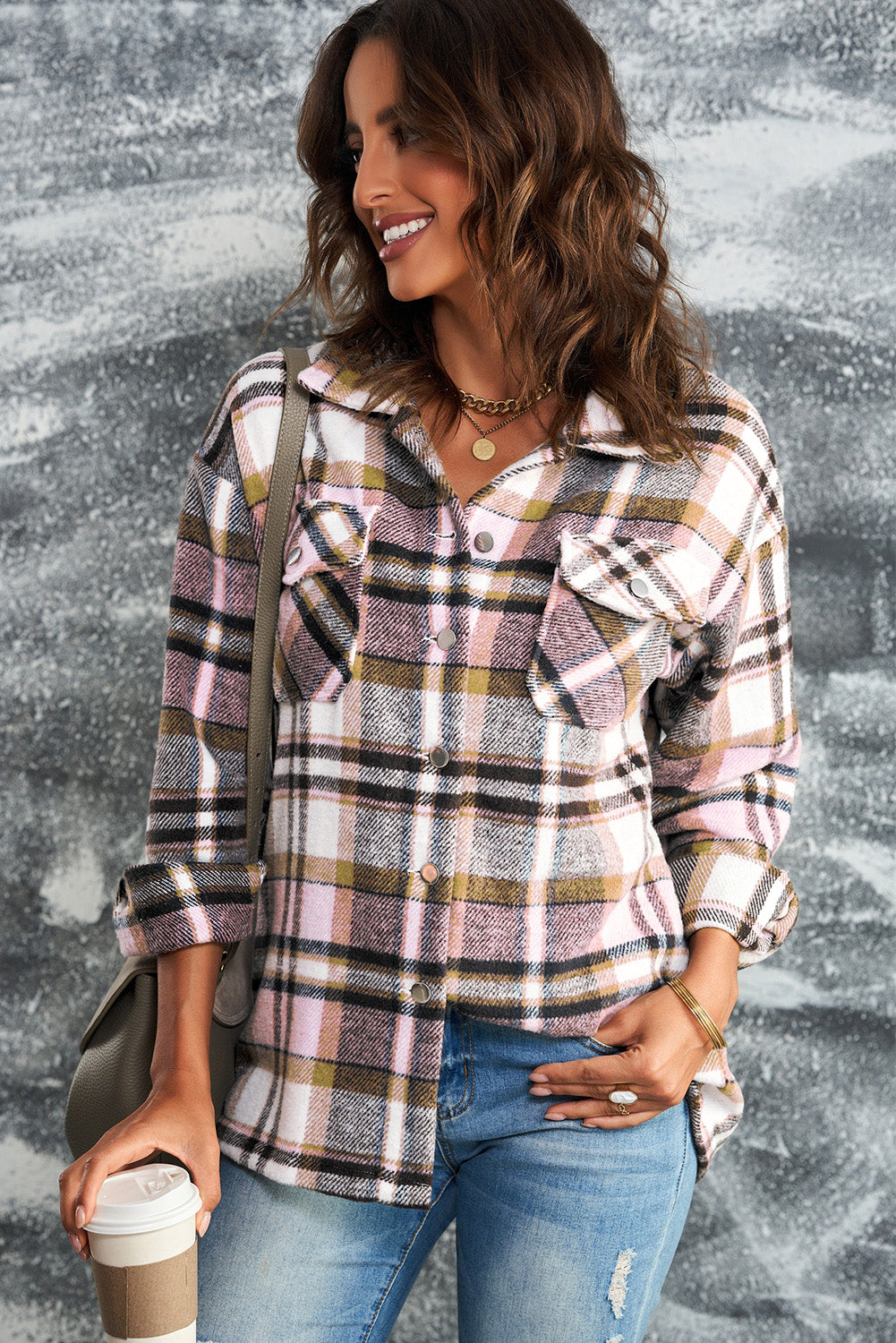 Brown Plaid Button Up Long Sleeve Flannel Shacket