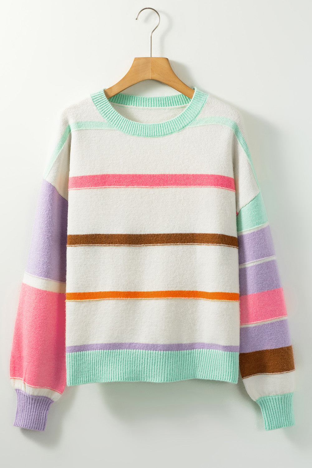 Multicolor Striped Print Drop Shoulder Pullover Crew Neck Sweater