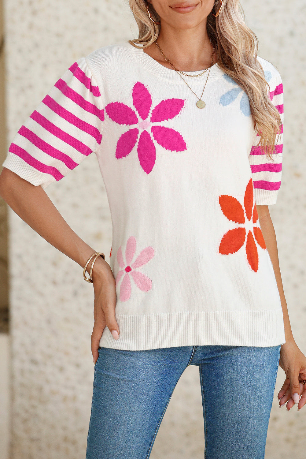 White Colorful Floral Print Striped Sleeve Knitted Tee