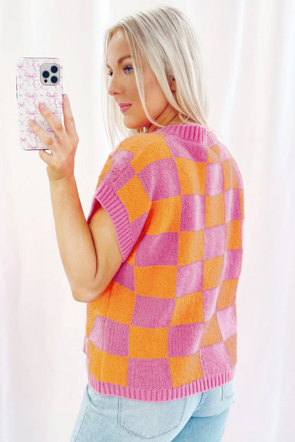 Strawberry Pink Colorblock Plaid Knit Dolman Tee