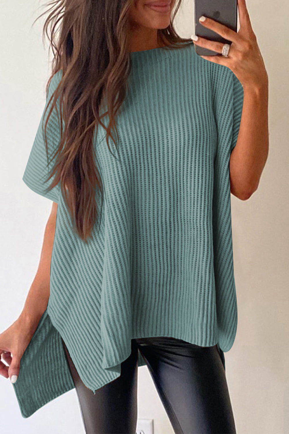 Gray Side Slit Short Dolman Sleeve Knitted Oversized Top