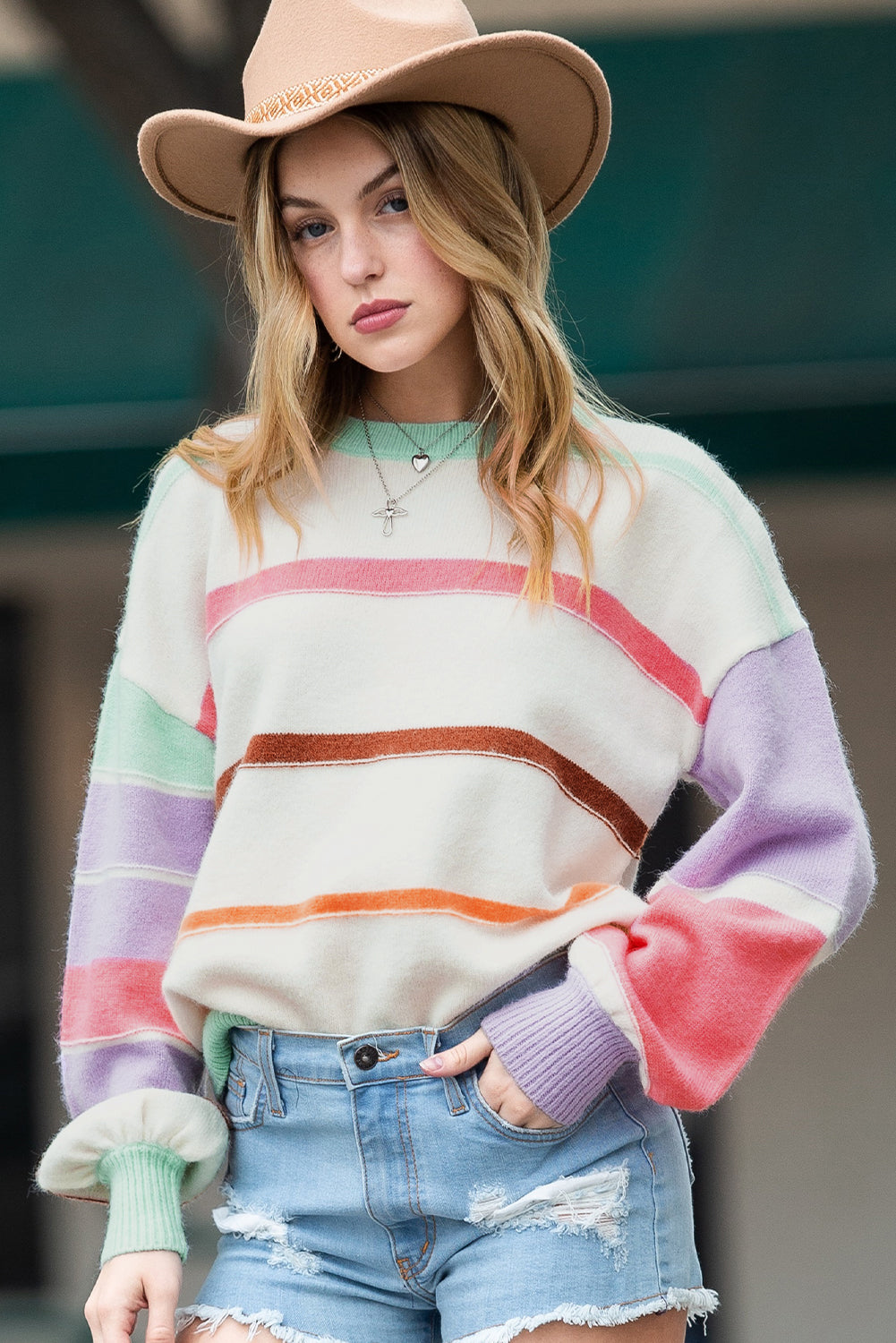 Multicolor Striped Print Drop Shoulder Pullover Crew Neck Sweater