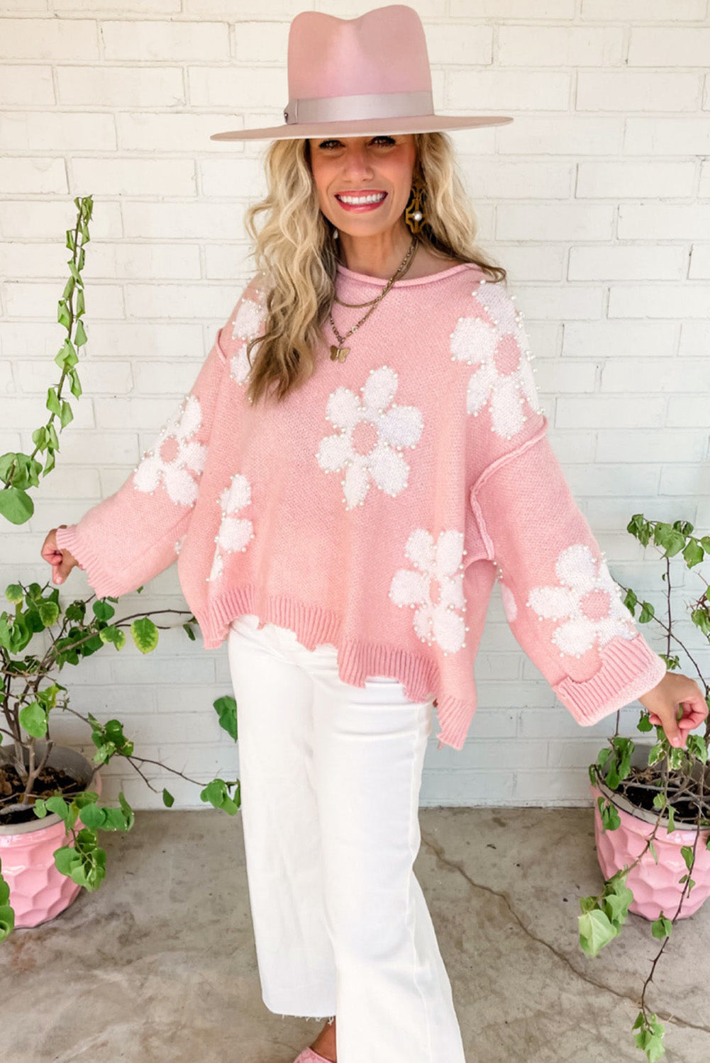 Bonbon Pearl Beaded Heart Drop Shoulder Sweater