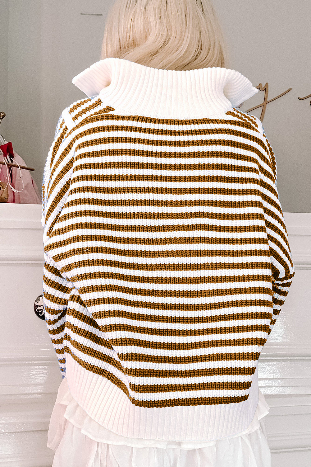 Sky Blue Stripe Zip up Collar Drop Sleeve Sweater