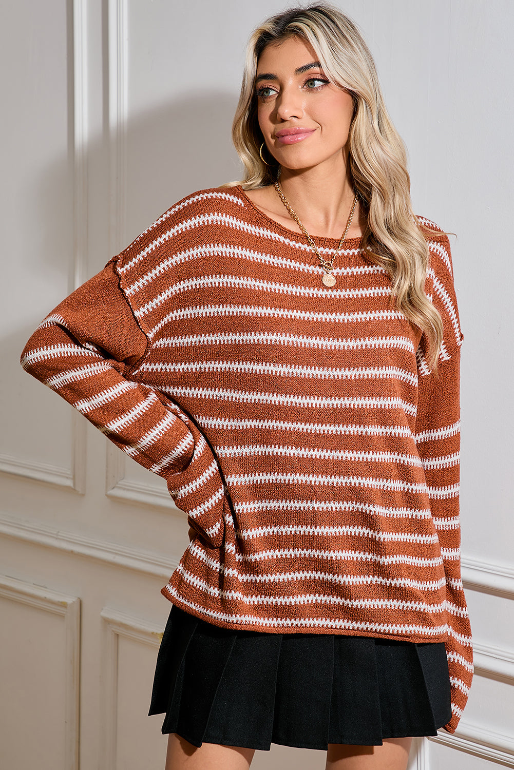 Sky Blue Casual Stripe Round Neck Drop Shoulder Sweater