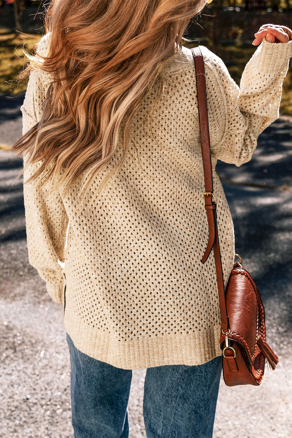 Parchment Plain Oversized Hollowed Knit Sweater