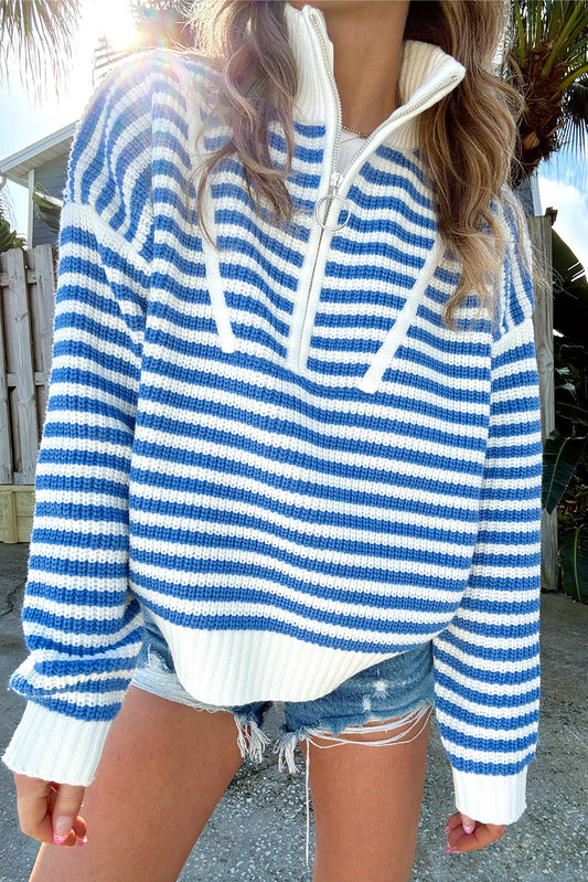 Sky Blue Stripe Zip up Collar Drop Sleeve Sweater