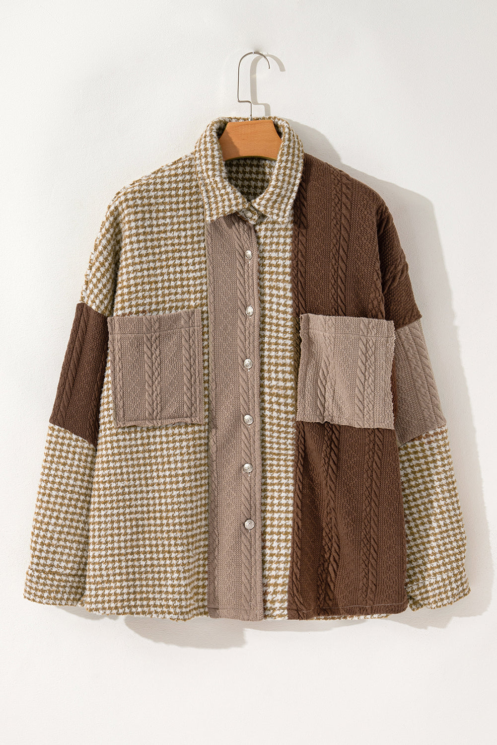 Khaki Houndstooth Textured Patchwork Loose Shacket