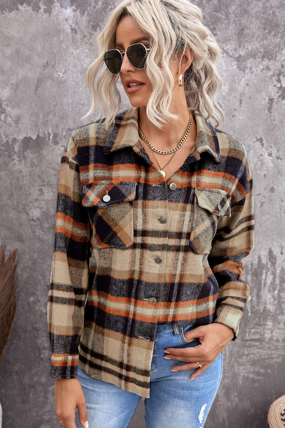 Brown Plaid Button Up Long Sleeve Flannel Shacket