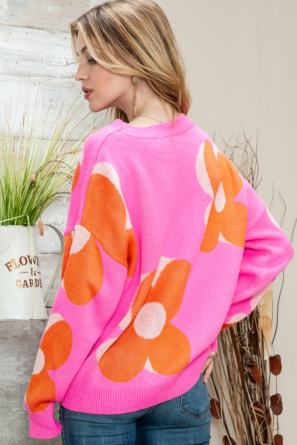 Pink & Orange 60s Floral Cable Knitted Sweater