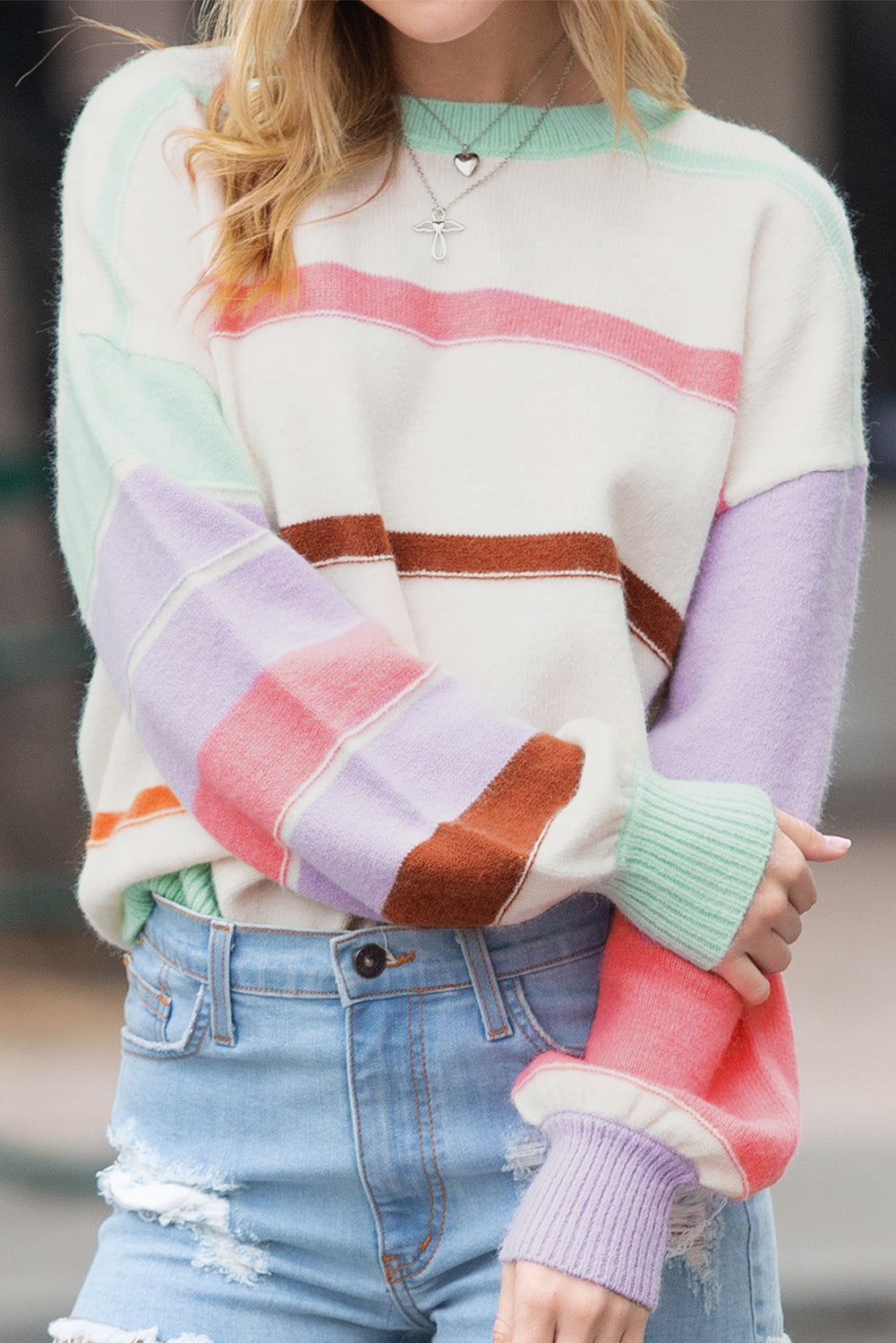 Multicolor Striped Print Drop Shoulder Pullover Crew Neck Sweater