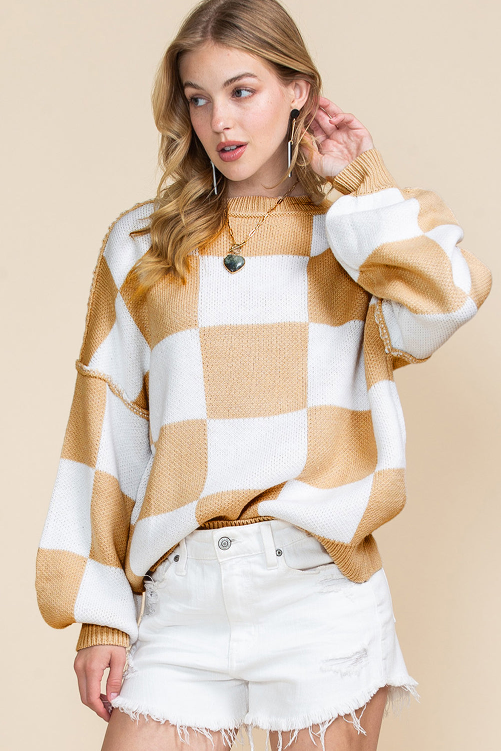 Orange & White Plaid Exposed Seam Bishop Sleeve Sweater