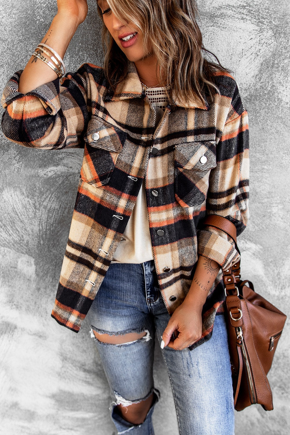 Brown Plaid Button Up Long Sleeve Flannel Shacket