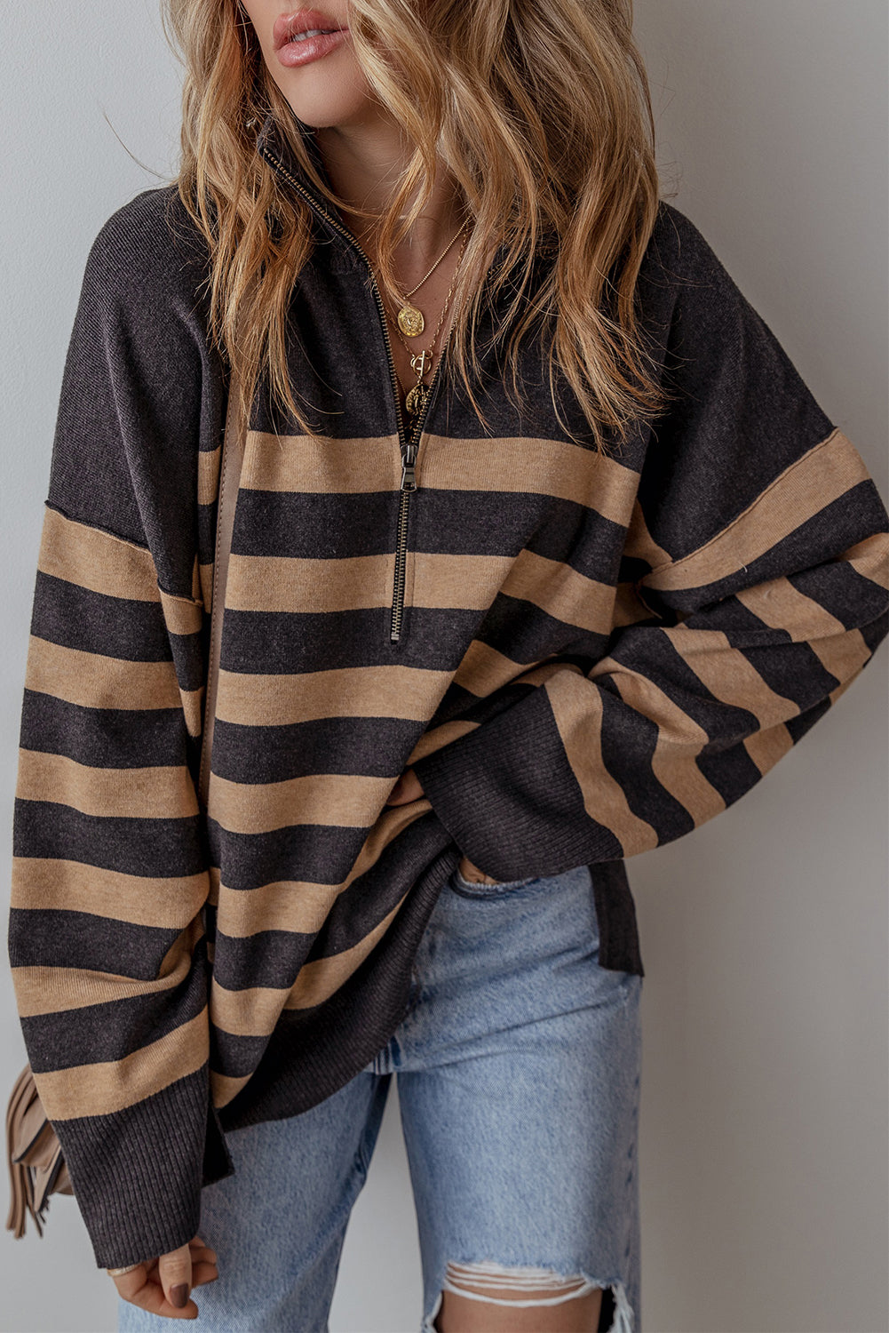 Black Striped Collared Quarter Zip Oversized Sweater