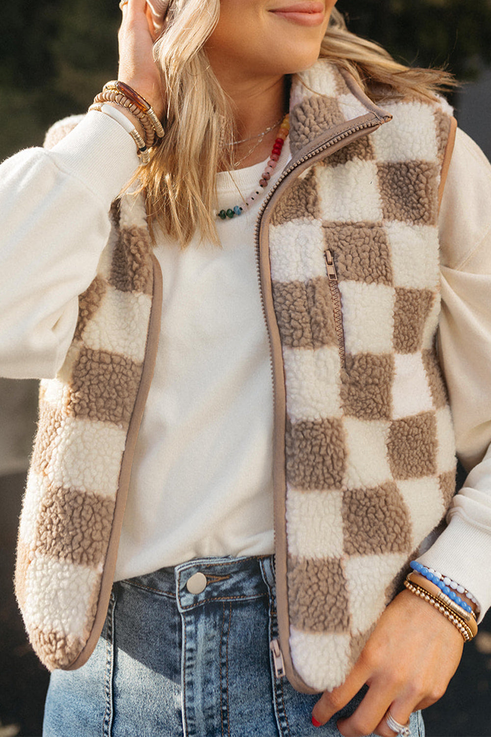 Khaki Checkered Sherpa Collared Jacket Vest