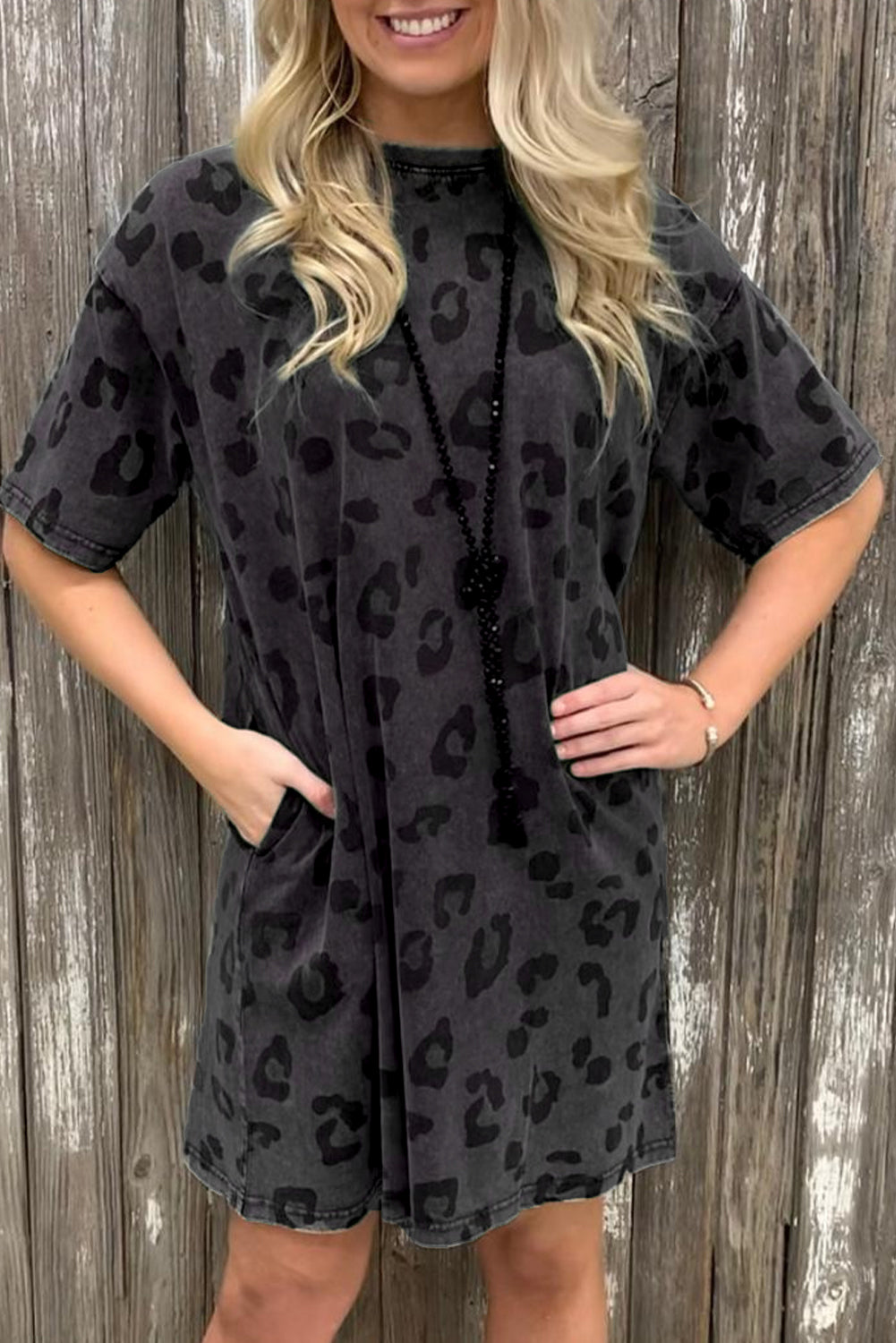 Gray Short Sleeve Casual Leopard Print Dress With Pockets