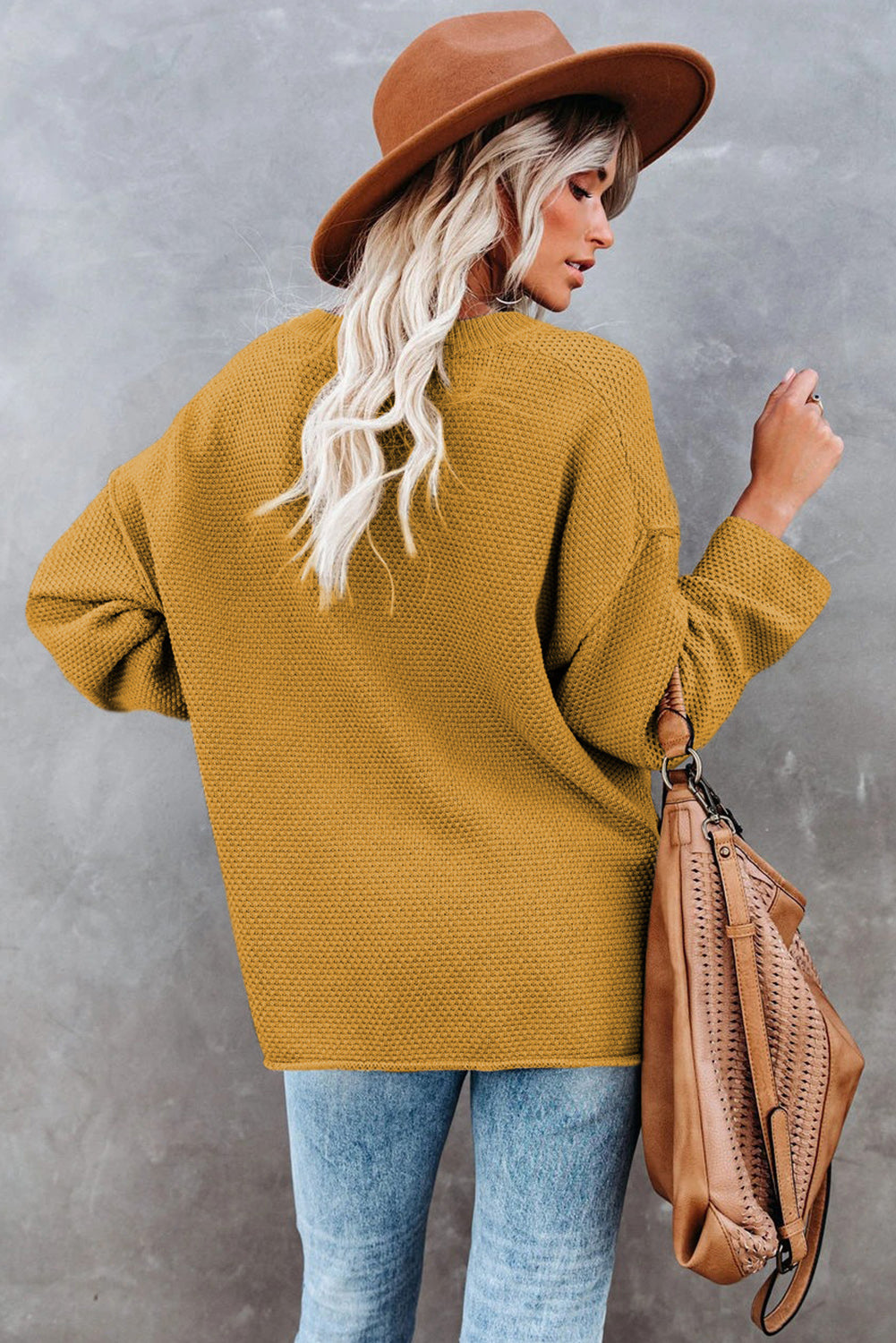 Yellow Drop Shoulder Henley Pullover Sweater With Slits