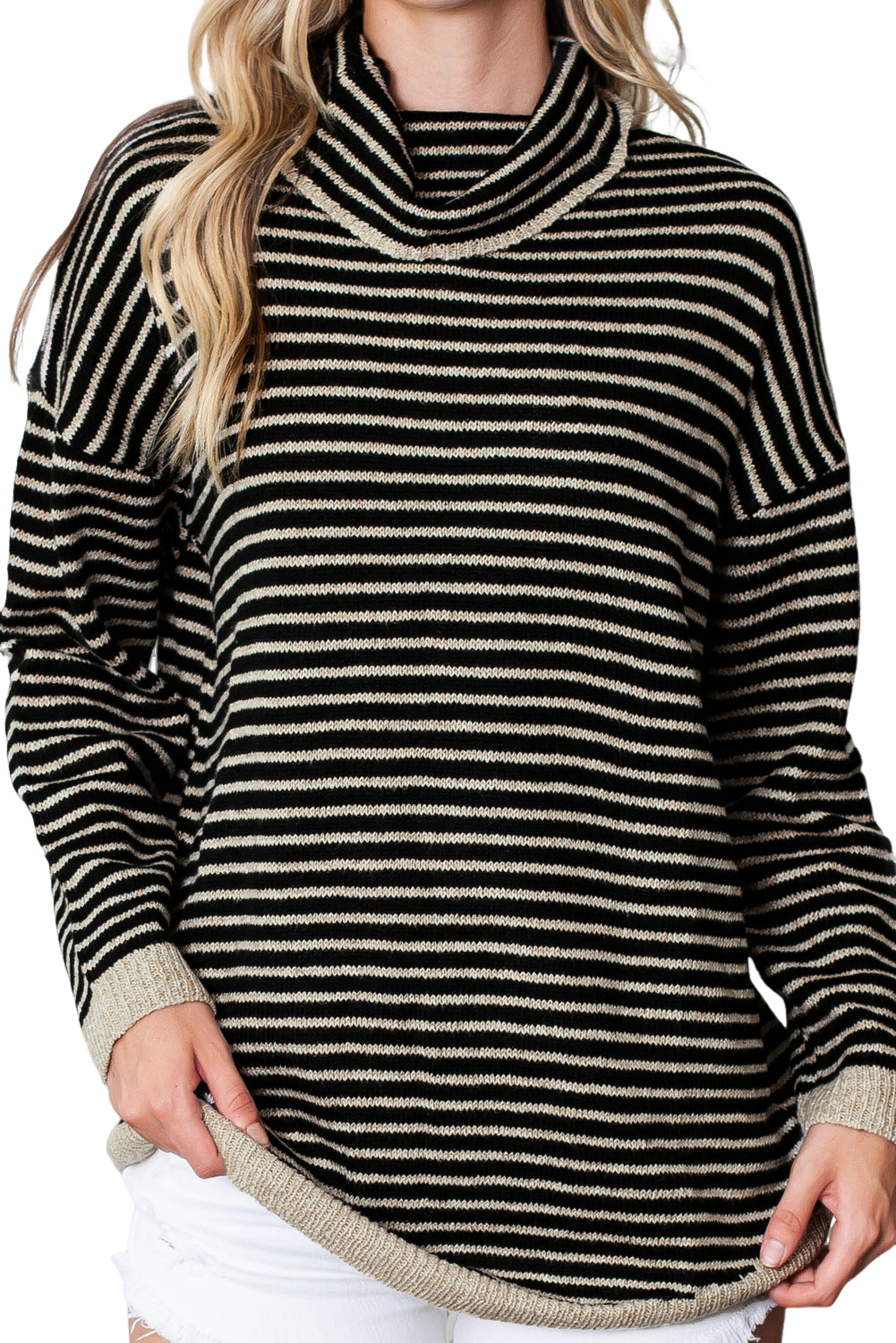 Black Striped Turtleneck Long Sleeve Sweater