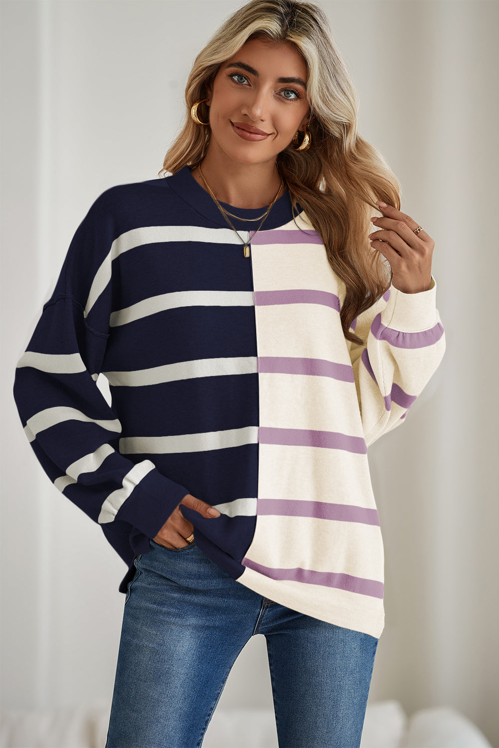 Pink Striped Colorblock Drop Shoulder Sweater