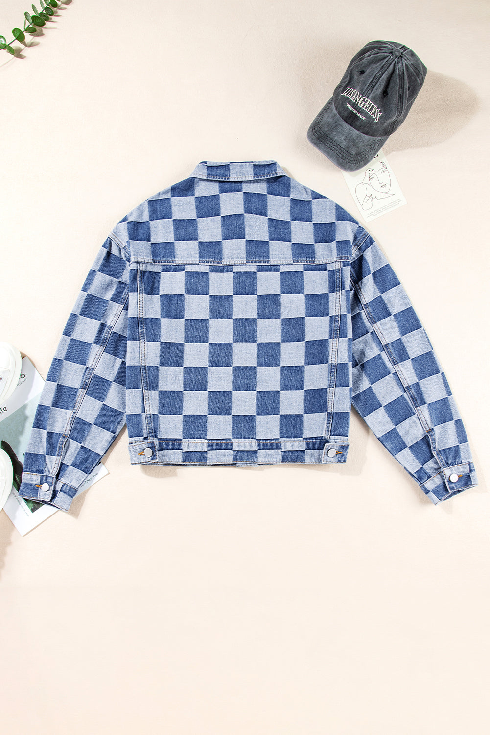 Black Checkered Patchwork Button Up Denim Jacket