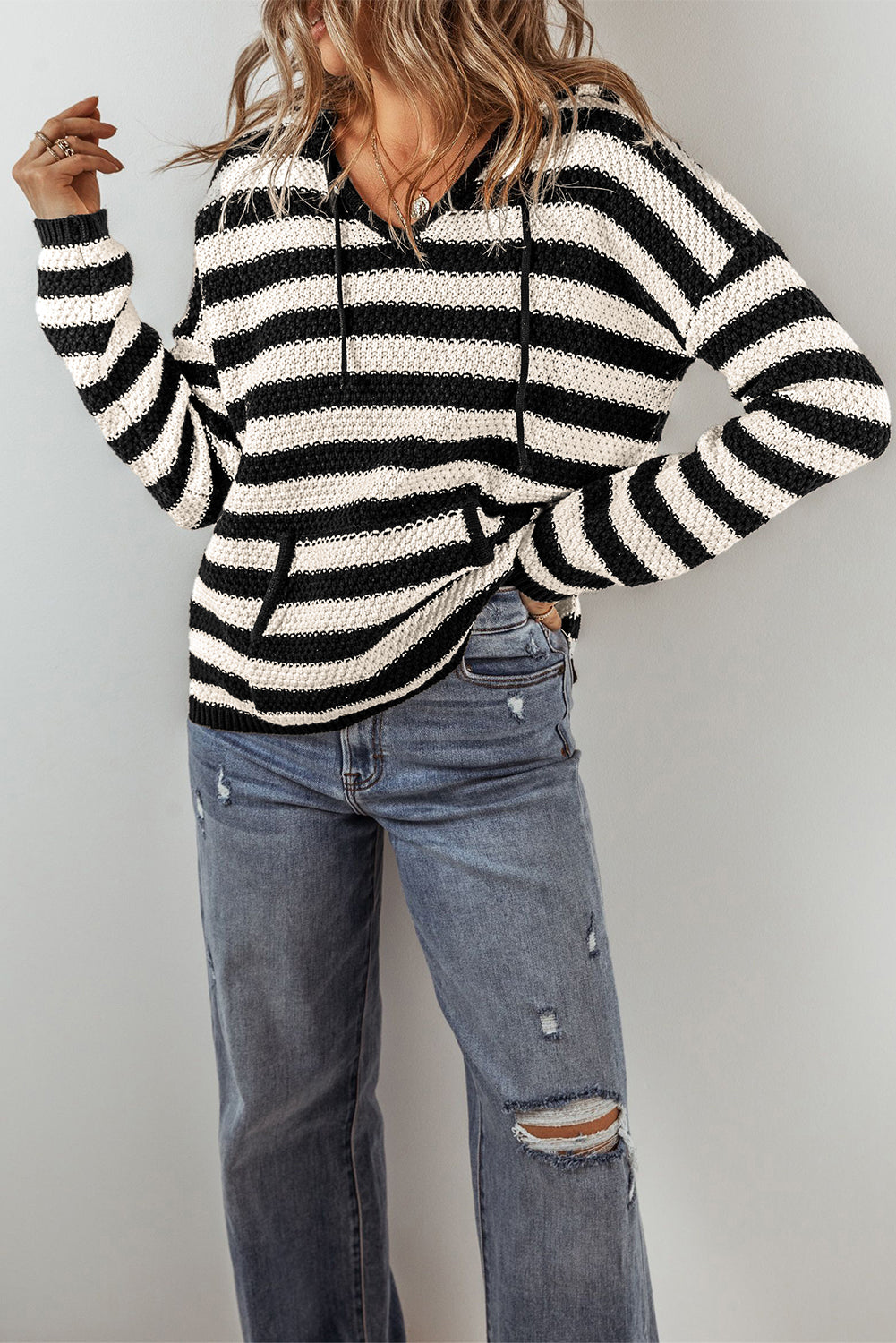 White Striped Kangaroo Pocket Hooded Sweater