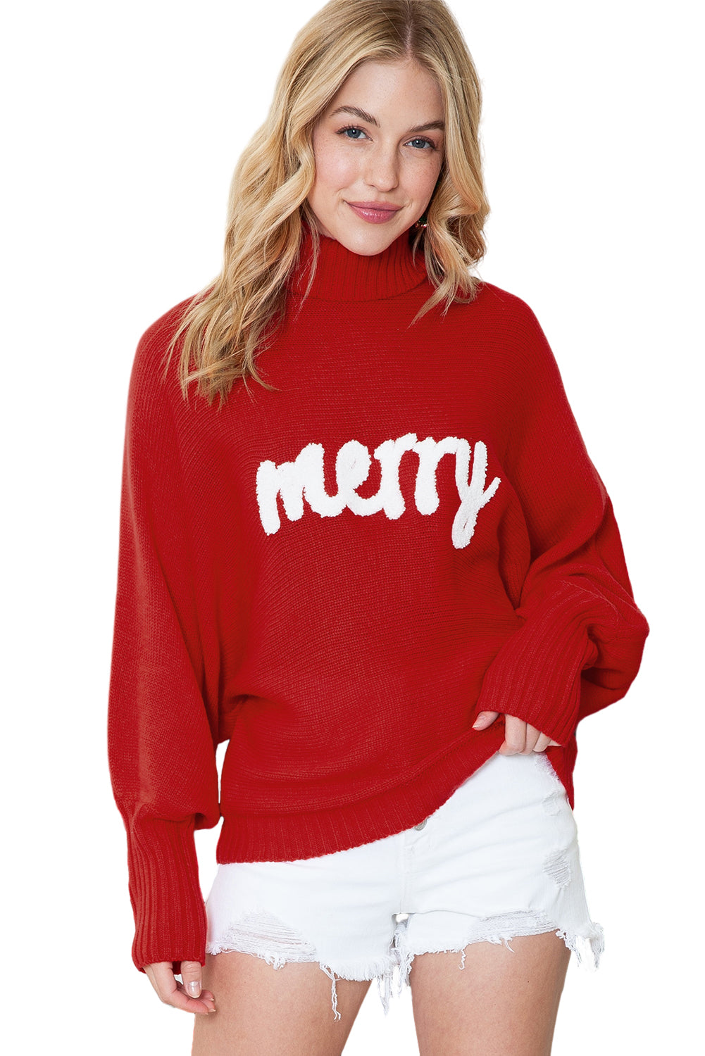 Green Turtle Neck Batwing Sleeve Merry Christmas Sweater