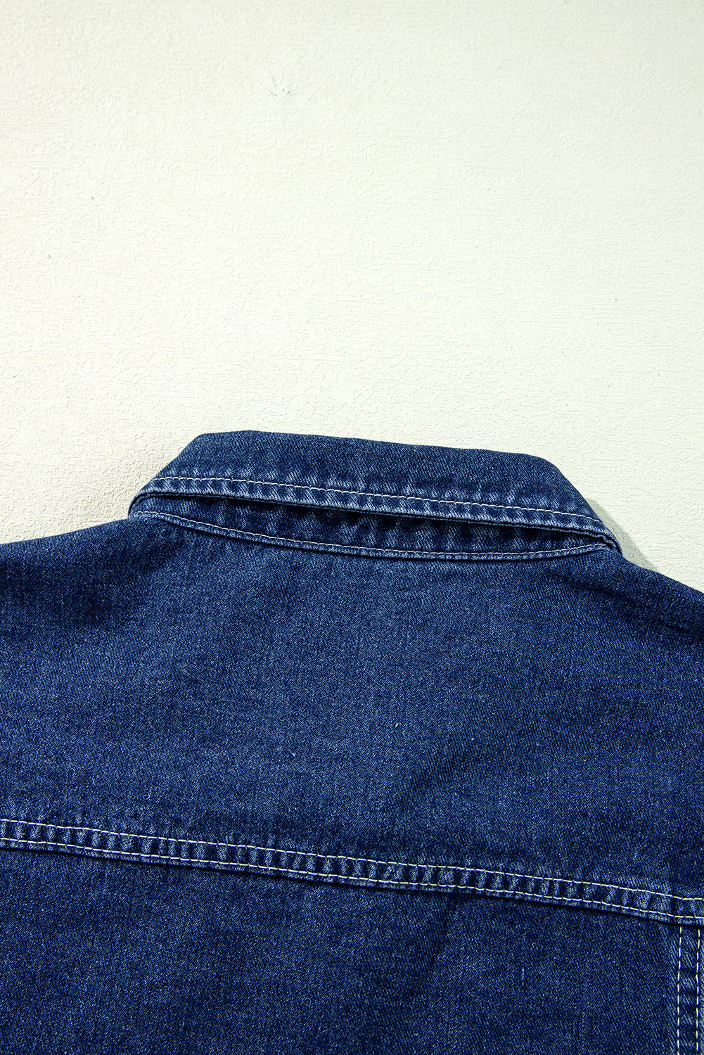 Navy Blue Ruffle Raw Hem Flap Pockets Denim Jacket