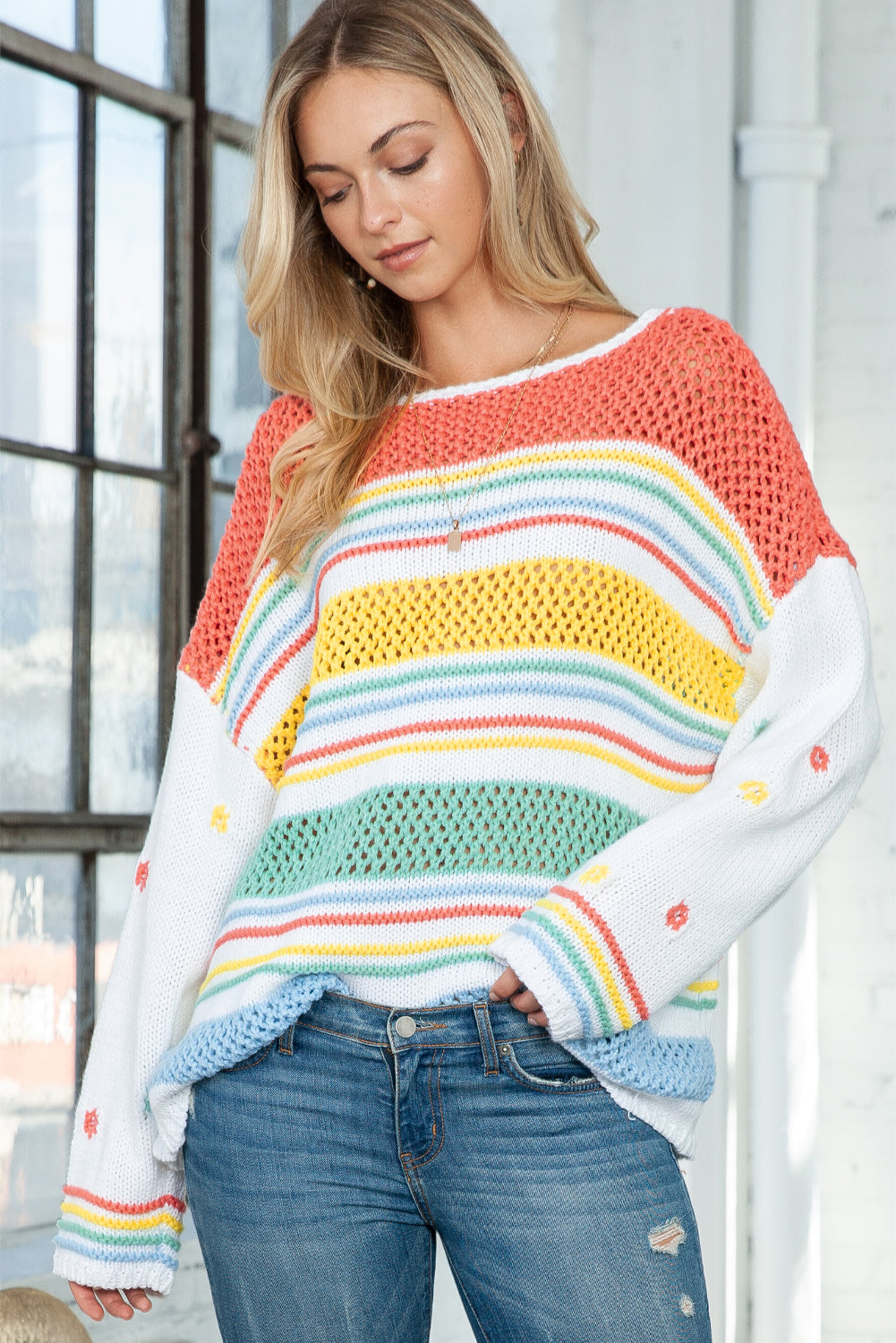 Multicolor Knitted Long Sleeve Pullover Crew Neck Sweater