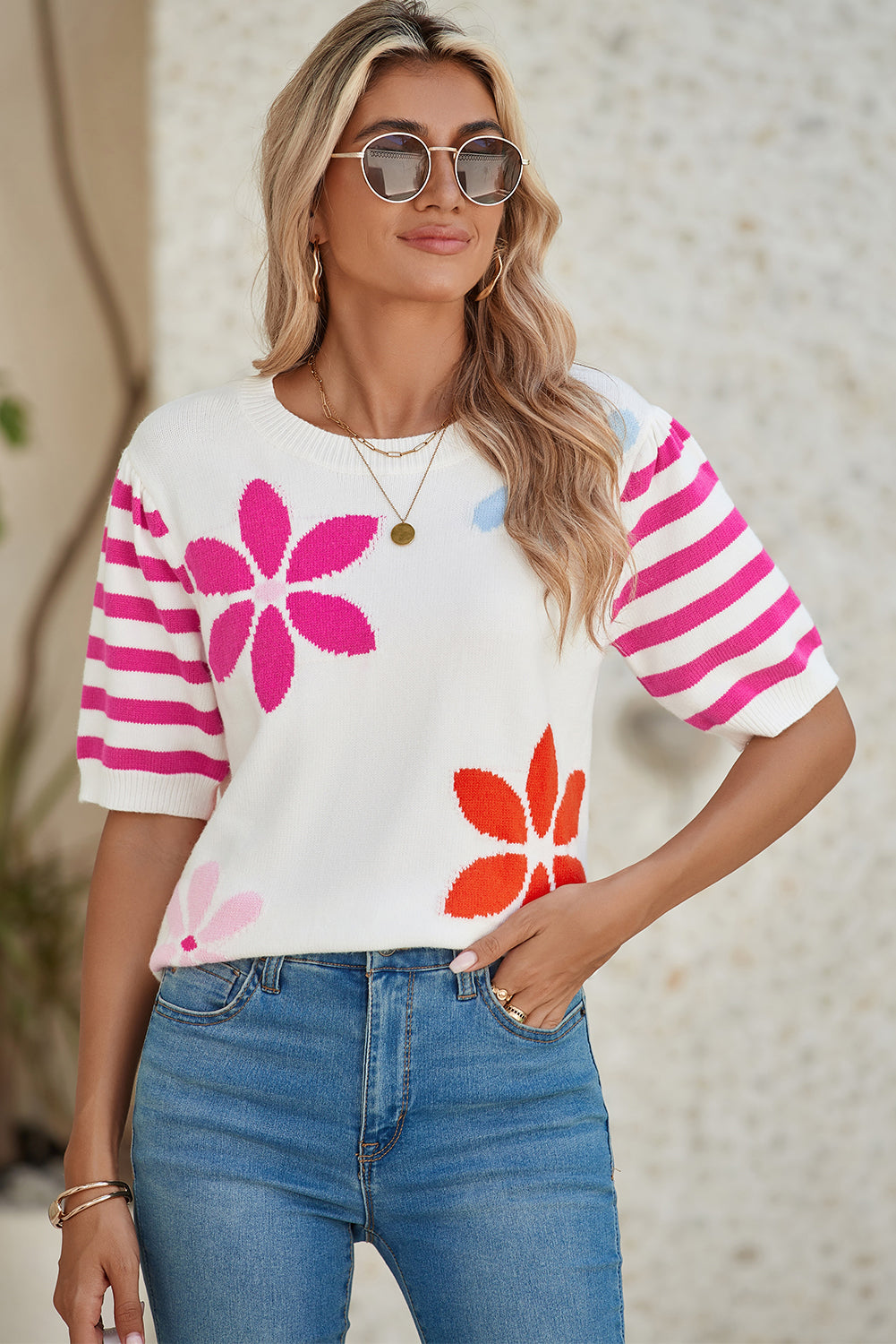 White Colorful Floral Print Striped Sleeve Knitted Tee