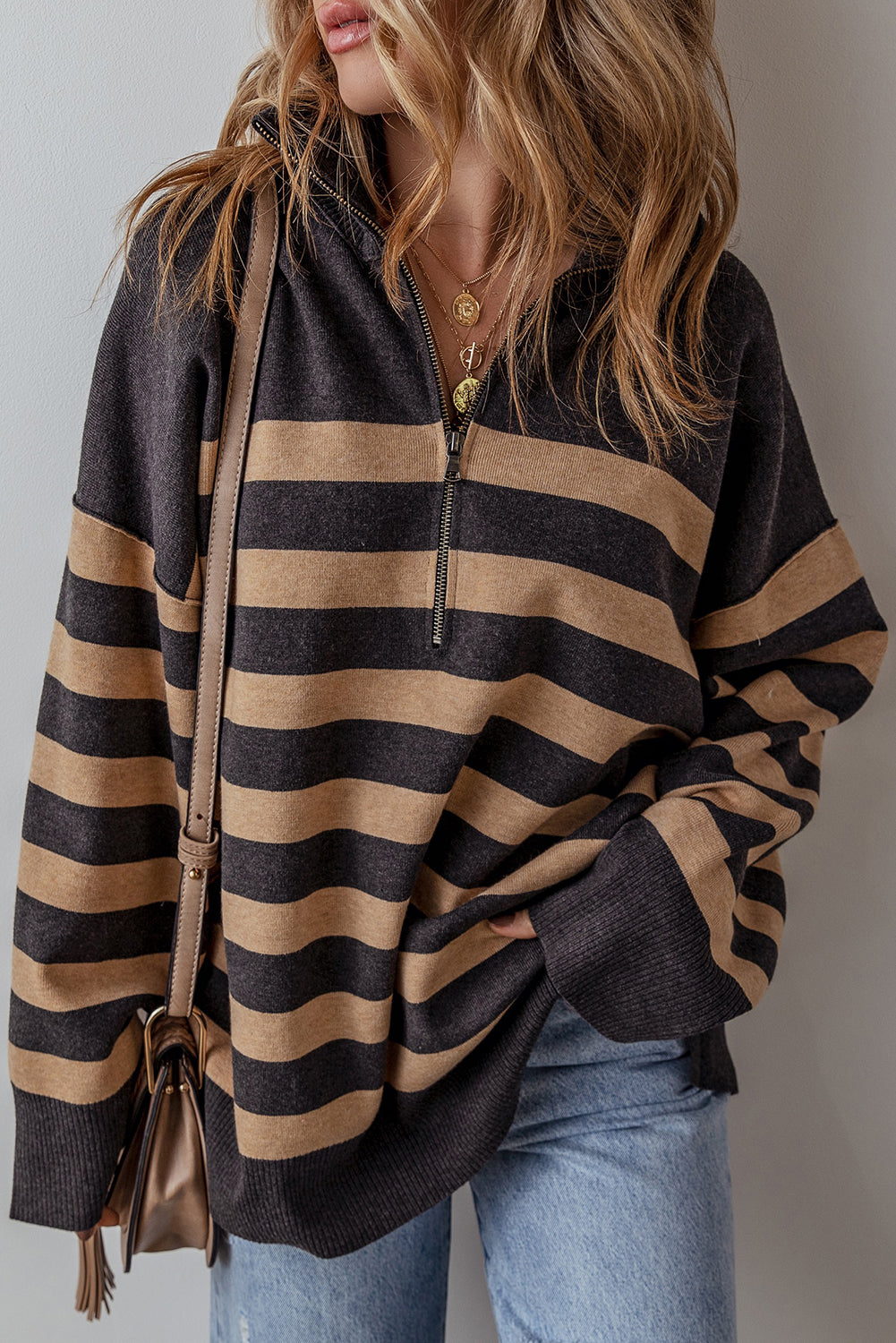 Black Striped Collared Quarter Zip Oversized Sweater