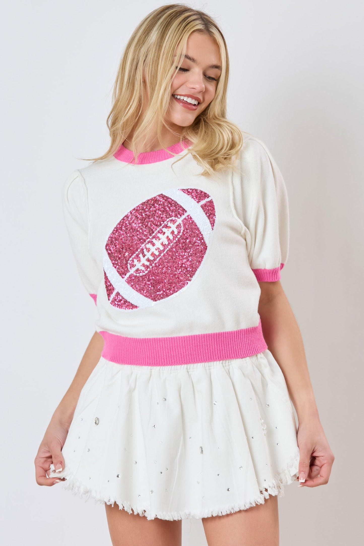 Red Sequin Rugby Color Block Puff Sleeve Knit Top