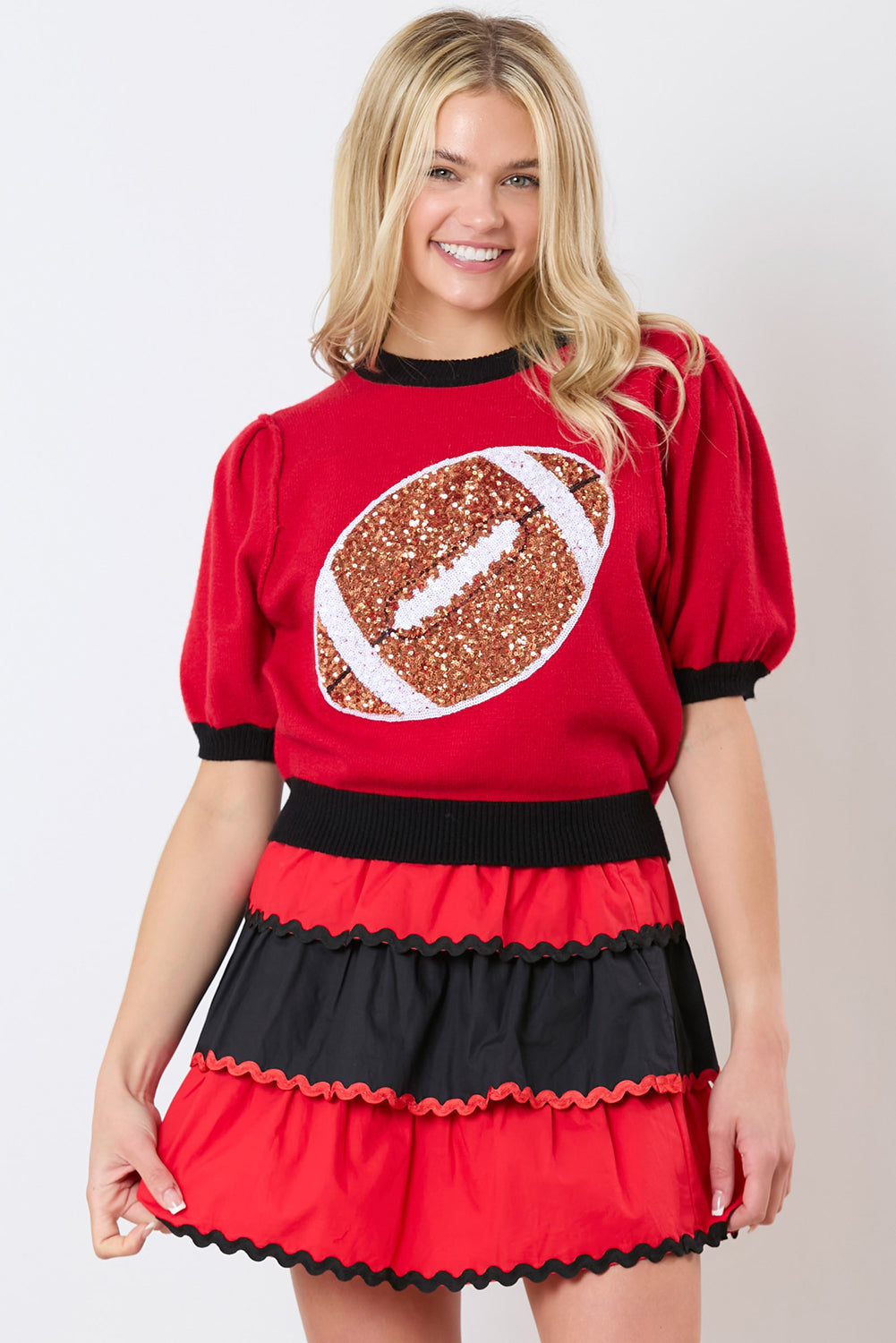 Red Sequin Rugby Color Block Puff Sleeve Knit Top