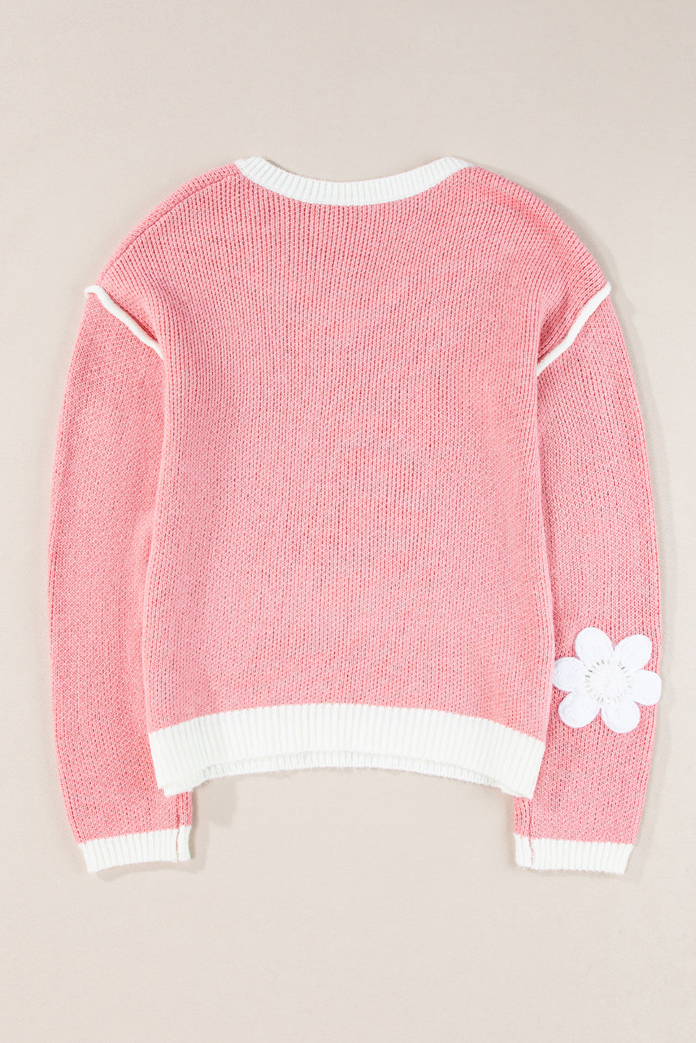 Pink Floral Patched Contrast Trim V Neck Sweater