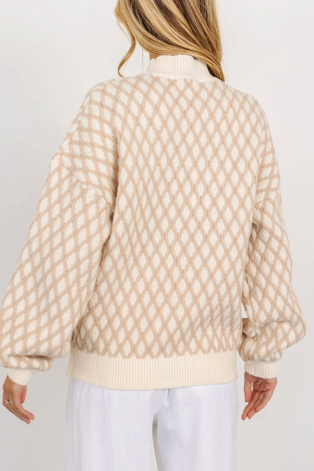 Oatmeal Rhombus Textured Knit Drop Sleeve Sweater