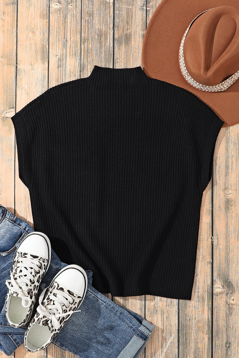 Gold Flame Patch Pocket Ribbed Knit Short Sleeve Sweater